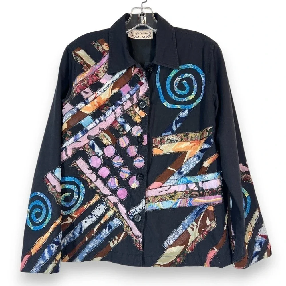 Embroidered Jacket Patchwork Black Button Down Artsy Wearable Art Small